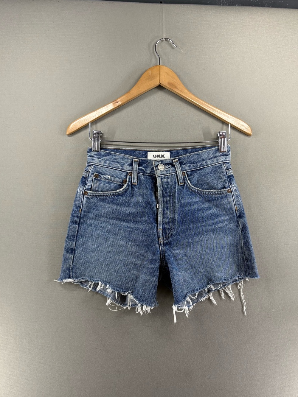 Women's AGOLDE Parker Long Denim Shorts Size 23 Distressed Hem